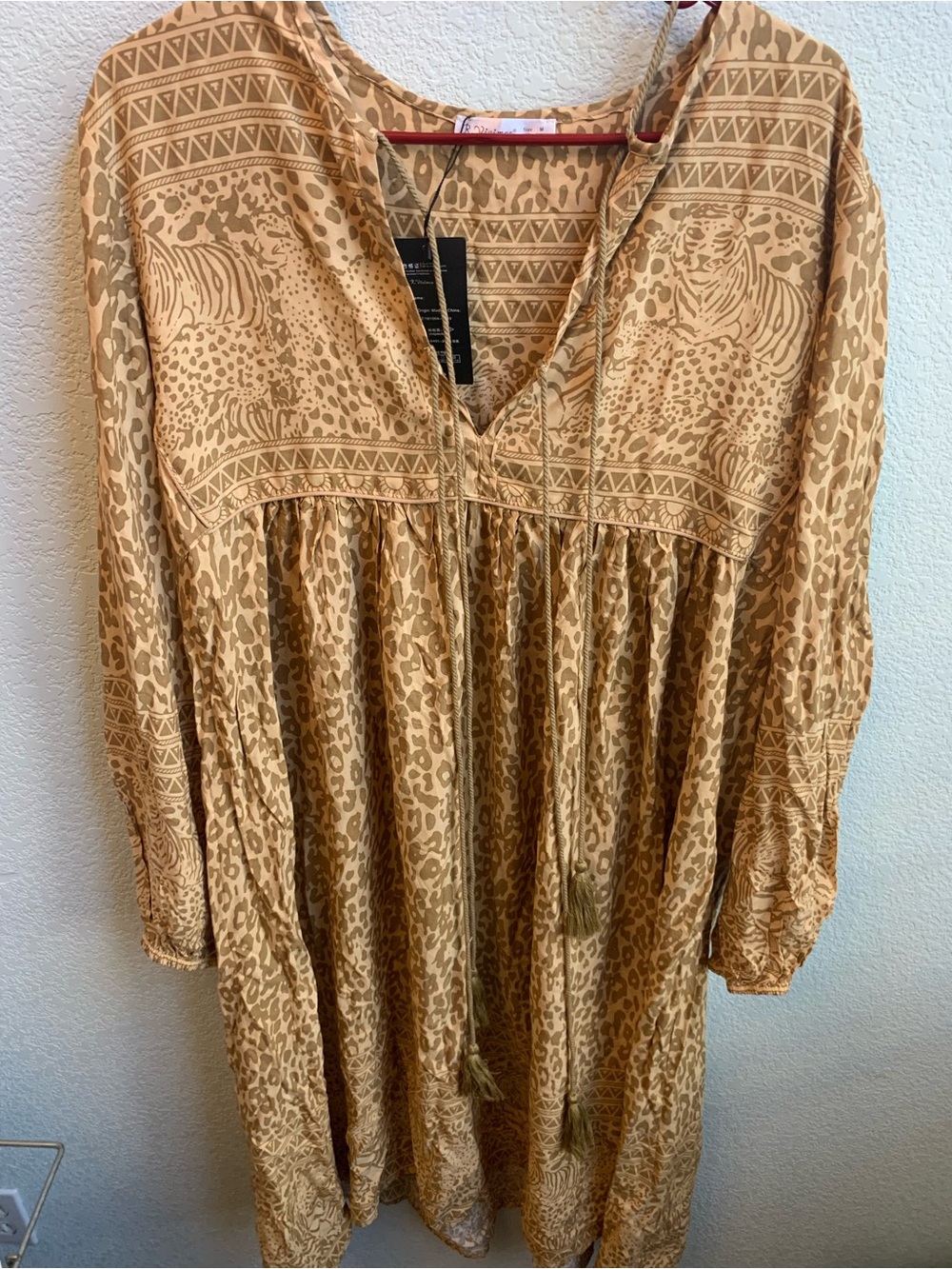 Boho Tan Printed Peasant Tunic with Tassel Tie